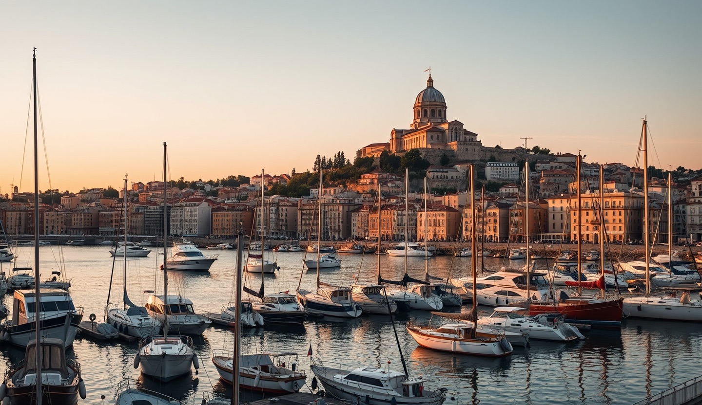 Le Vieux-Port de Marseille au lever du soleil, des bateaux et Notre-Dame de la Garde sur la colline