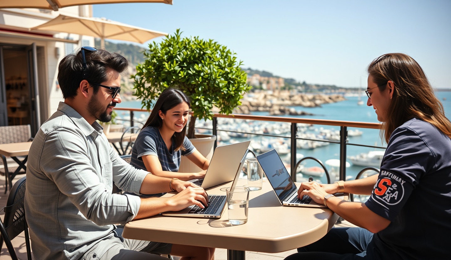 De jeunes fondateurs travaillent sur leurs ordinateurs à une terrasse de café face à la mer à Marseille